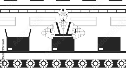 Production line worker packing boxes in warehouse black and white line illustration. Hard hat workman sealing cardboard box conveyor belt 2D character monochrome background. Factory outline vector