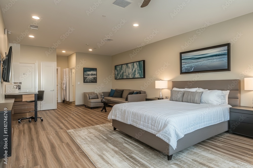Fototapeta premium Modern Hotel Suite with King-Size Bed and Ocean View Artwork