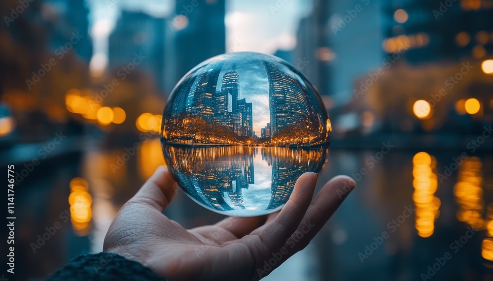 Fototapeta premium Future business innovations reflected in crystal ball urban environment photography