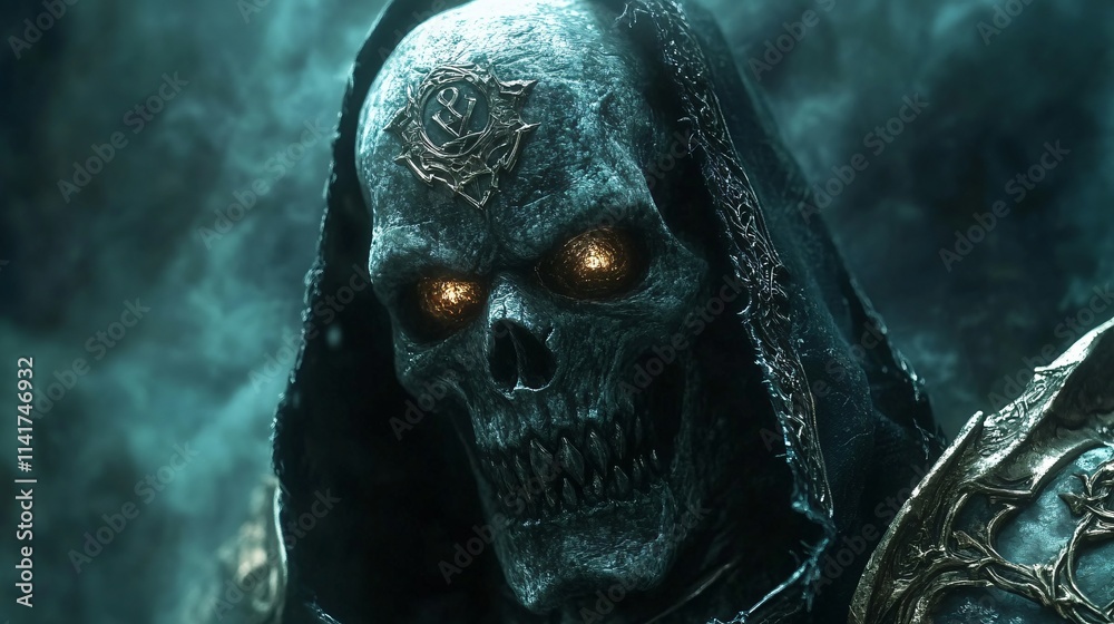A skeletal king magician undeath adorned with glowing runes close up face A skeletal king magician undeath adorned with glowing runes close up face