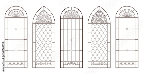 Colouring page for adult with Church windows. Catholic Christian arch frames.