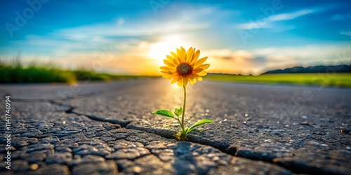 Wallpaper Mural Resilience personified a vibrant yellow flower bravely pushing through a cracked asphalt road, bathed in the golden light of a breathtaking sunset. Torontodigital.ca