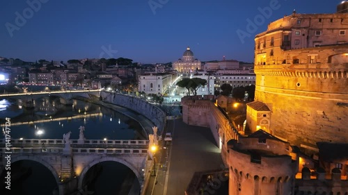 Castel Sant'Angelo and St. Peter's Basilica at dawn. Rome, Italy.
Aerial panoramic view of the castle and dome of St. Peter's in the Vatican.