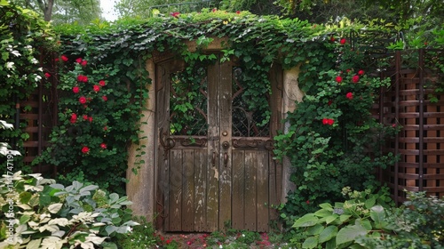 A whimsical garden gate covered in ivy and flowers photo