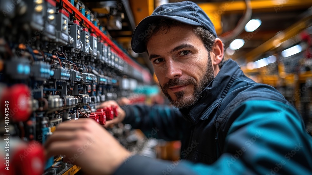 Focused technician working on complex electrical control panel. Focused technician working on complex electrical control panel.