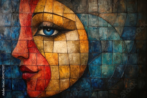 A striking female portrait in vibrant colors and geometric patterns, showcasing deep blue eyes and a captivating expression.