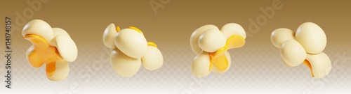 Realistic popcorn kernels - fully expanded fluffy snack. White colored pieces with yellow internal parts. Cartoon 3d vector illustration set of flying sweet or salt snack for cinema entertainment.