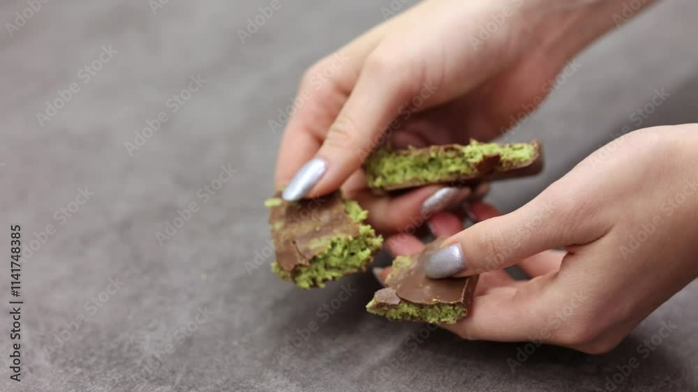 Female hands breaking off piece of Dubai chocolate on gray background. Green kadayif and pistachio spread with pistachio in trend dessert. Close-up, selective focus. High quality 4k footage