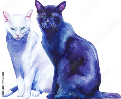 Black and white watercolor cats sitting with a strict expression