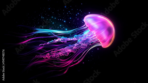 Glowing neon jellyfish in pink and blue on black background