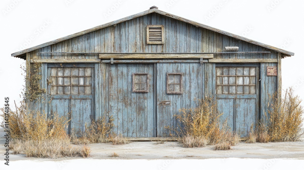 A weathered blue wooden building with overgrown vegetation, suggesting abandonment. A weathered blue wooden building with overgrown vegetation, suggesting abandonment.