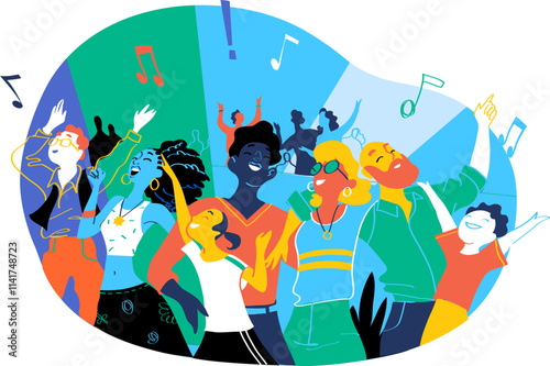 Group of people of different ages is happy to be together dancing and celebrating a special event. Happy family enjoy concert, music festival, party, show, performance, recital. Vector illustration