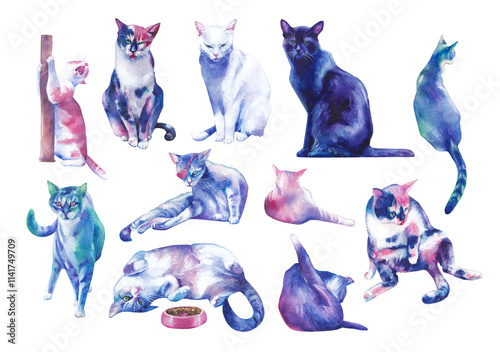 A large collection of watercolor stray cats