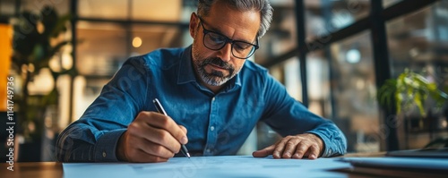 businessman sitting at desk holds pen signing contract paper, lease mortgage, employment hr or affirm partnership, Generative AI