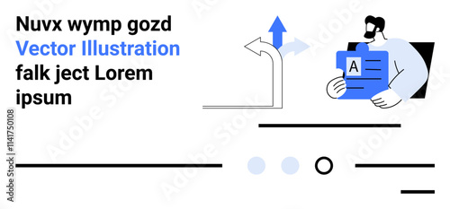 Businessman holding folder, upward arrow, and text elements. Ideal for business, documentation, workflow, direction, data organization, professional communication, and corporate strategy. Landing