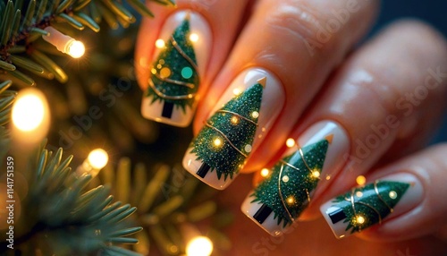 Christmas Tree Nail Art Close-Up photo