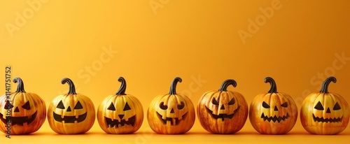 Row of Carved Pumpkins for Halloween