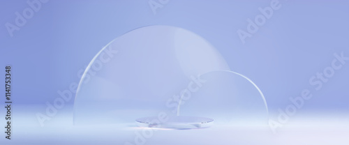 3d blue glass podium. Luxury cosmetic platform in abstract studio. Empty shiny crystal pedestal on floor mockup. Realistic elegant photography showroom with circular stage backdrop illustration.