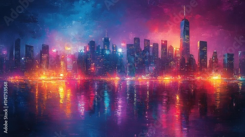 Night cityscape, vibrant colors, water reflection.