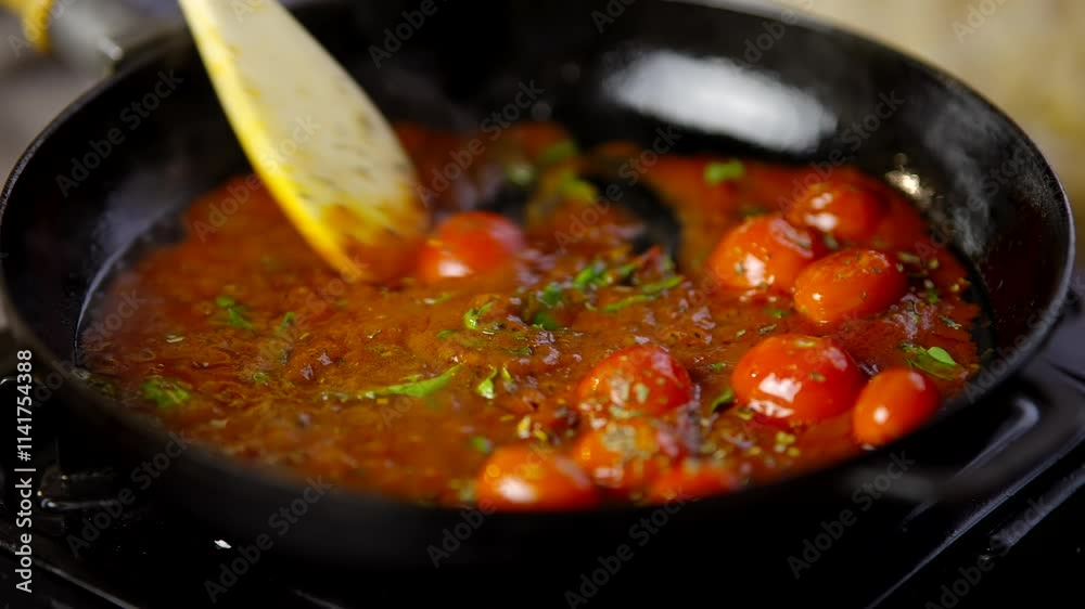 Pasta tomato sauce stirred boiling in pan Pasta tomato sauce stirred boiling in pan