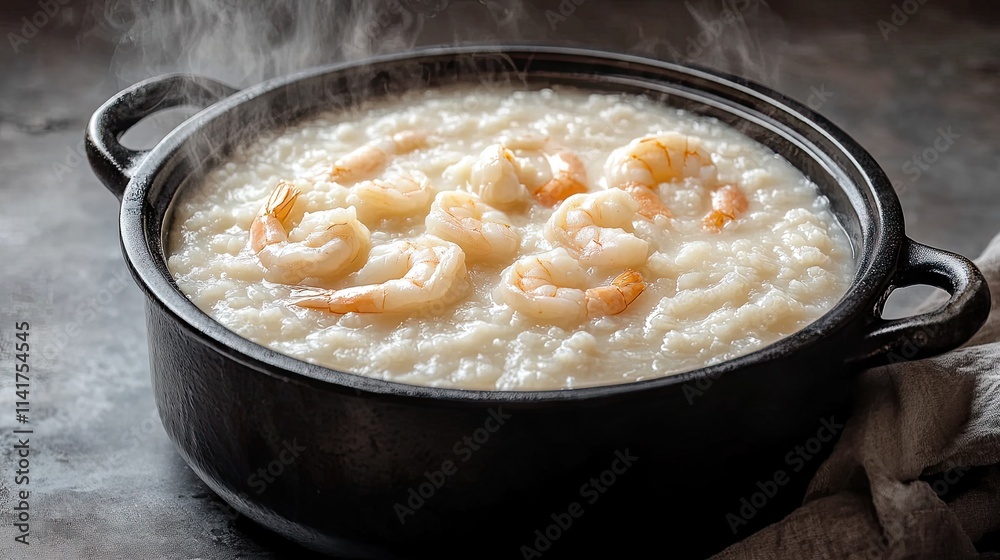 Creamy Shrimp Congee Served in Black Pot with Steam Rising Creamy Shrimp Congee Served in Black Pot with Steam Rising