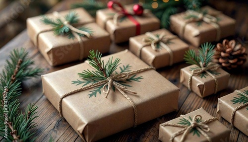 Rustic Wooden Table with Christmas Gifts