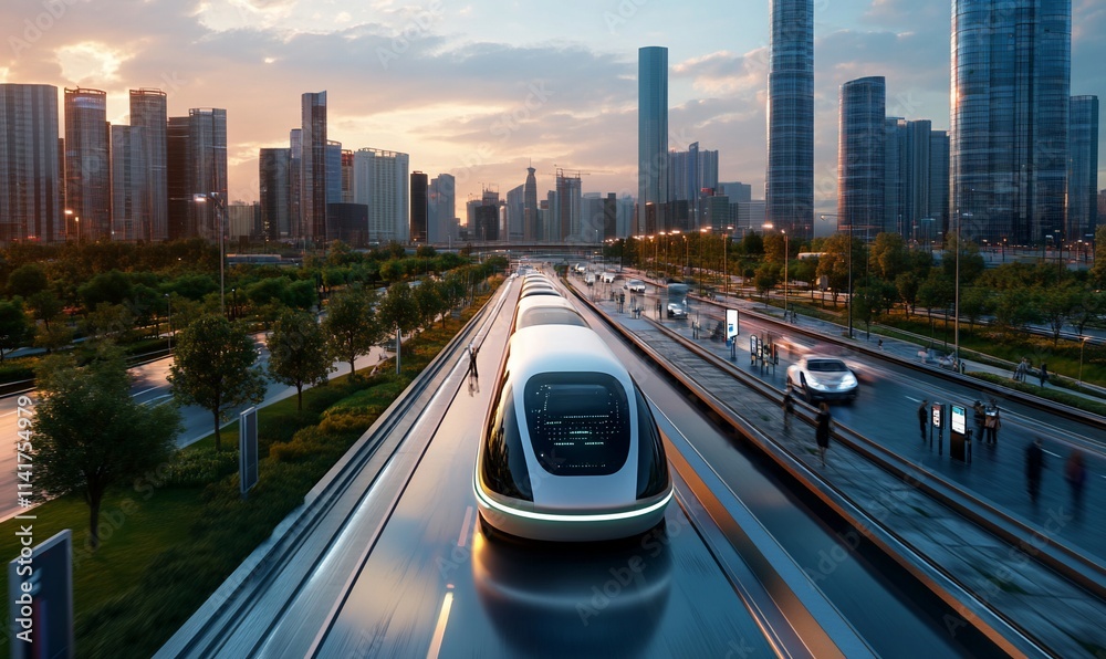 Fototapeta premium Futuristic transport system in a cityscape with modern architecture.