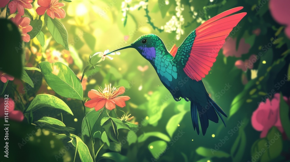 Fototapeta premium Hummingbird feeding on flower in lush garden.