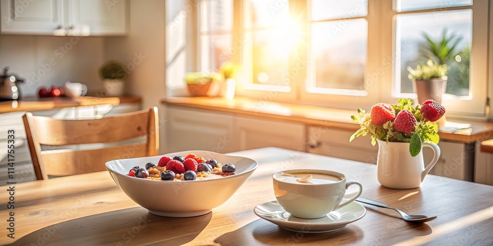A sunlit breakfast scene featuring a bowl of cereal with berries and a cup of coffee on a wooden table A sunlit breakfast scene featuring a bowl of cereal with berries and a cup of coffee on a wooden table