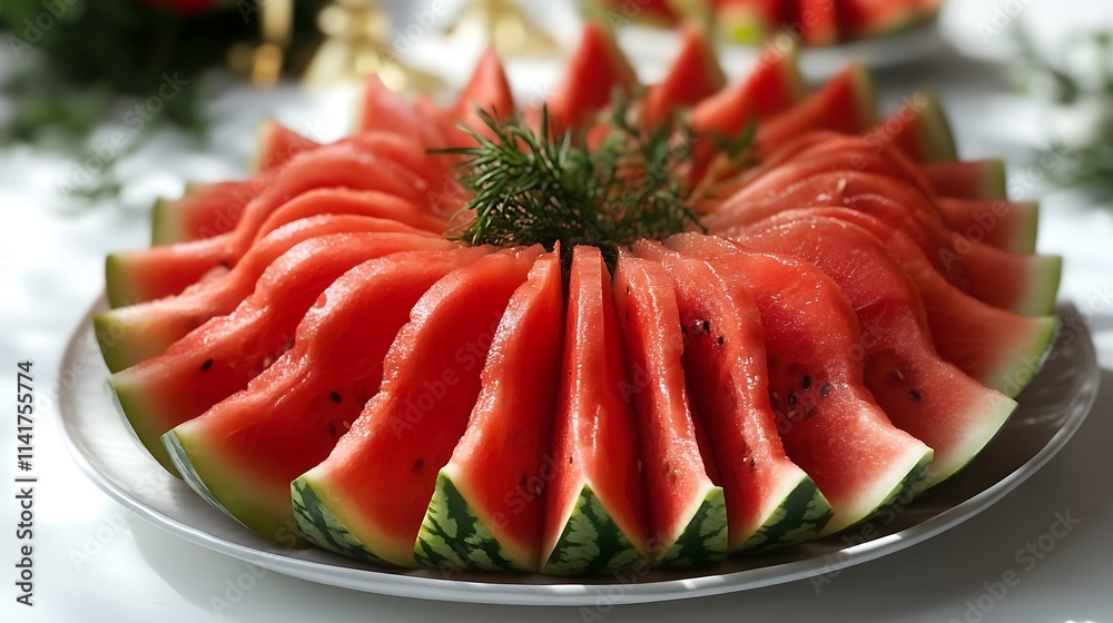 Sliced watermelon arranged on a white table Sliced watermelon arranged on a white table