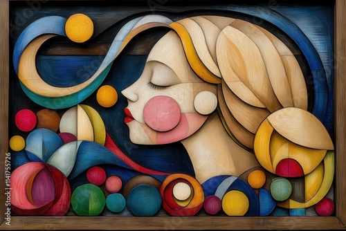 A vibrant, abstract portrait of a woman with flowing hair, featuring colorful geometric shapes and a serene expression.