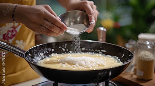 Pouring Sugar Into Egg Mixture While Cooking on Stovetop