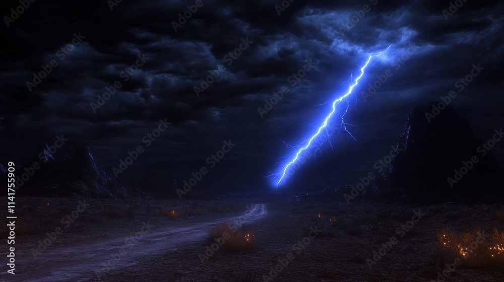 Dramatic lightning strike over a dark desert landscape at night, illuminating a lonely road. Dramatic lightning strike over a dark desert landscape at night, illuminating a lonely road.