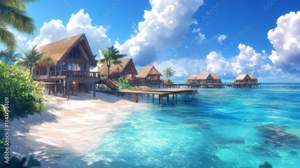 Obraz premium Idyllic tropical beach with overwater bungalows, clear turquoise water, and palm trees under a sunny sky.
