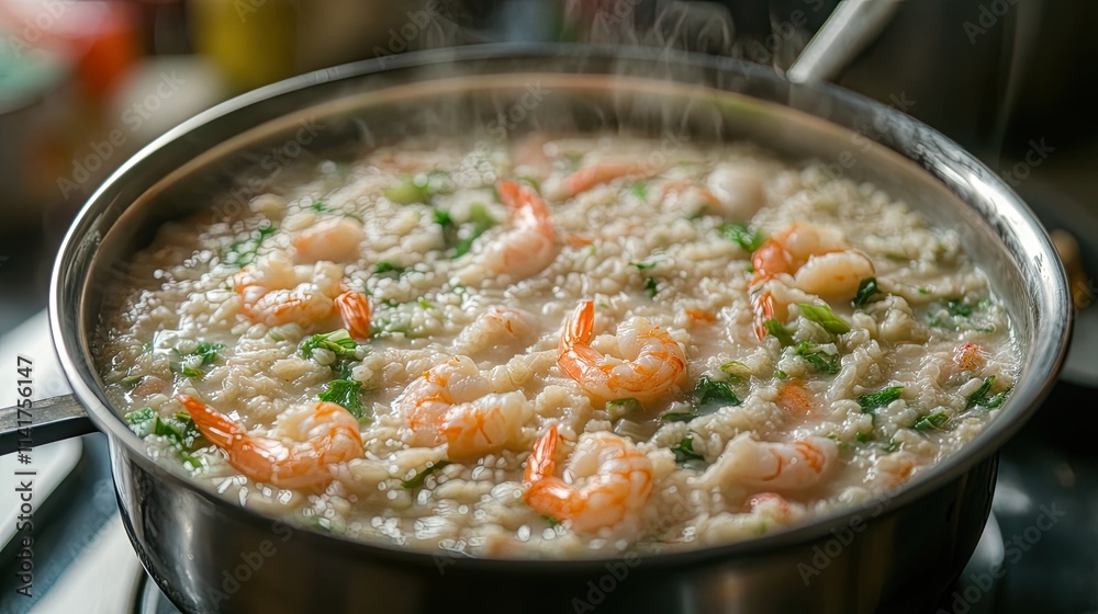Delicious Shrimp Risotto Cooking in Steamy Pot on the Stove Delicious Shrimp Risotto Cooking in Steamy Pot on the Stove