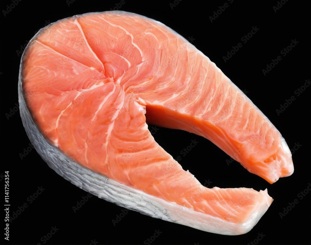 Closeup of fresh uncooked salmon fillet with textured surface and pink color on black background, with ridges and grooves. Closeup of fresh uncooked salmon fillet with textured surface and pink color on black background, with ridges and grooves.