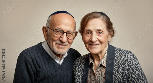 Elderly caucasian couple smiling in traditional jewish attire