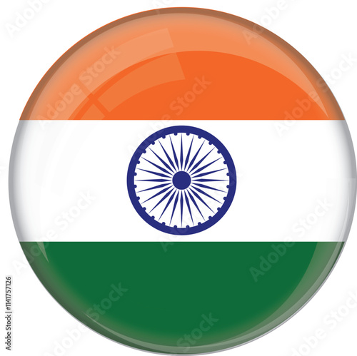 India flag with glossy rounded button for football team and national emblem	