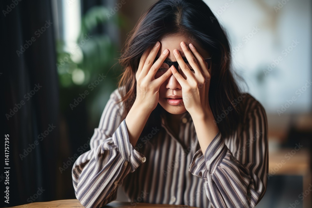 Young asian businesswoman suffering from headache or migraine, covering face with hands while sitting at table in cafe Young asian businesswoman suffering from headache or migraine, covering face with hands while sitting at table in cafe