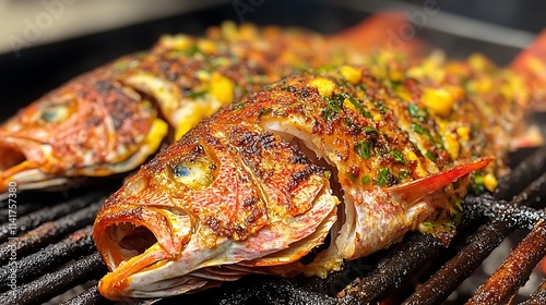 Close-up of two grilled red snapper fish on a barbecue grill, seasoned with herbs and spices.