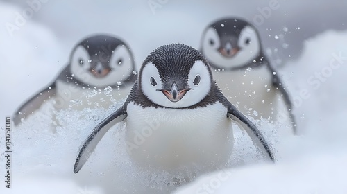 Three penguins are playing in the snow photo