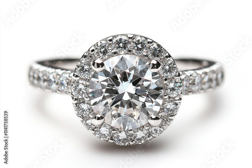 Diamond engagement ring with a halo of smaller diamonds, glistening in natural light. photo