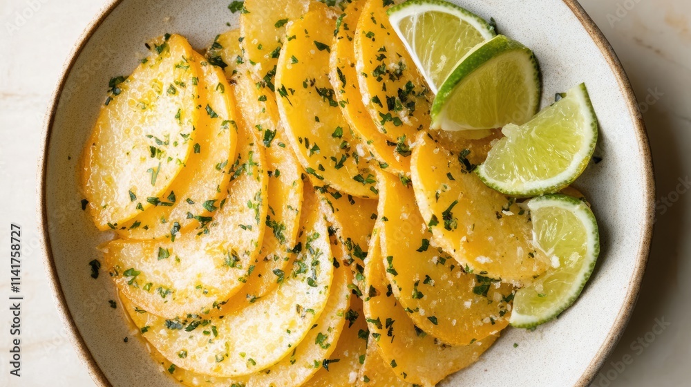 Freshly Sliced Yellow Squash with Lime and Herbs on Plate Freshly Sliced Yellow Squash with Lime and Herbs on Plate