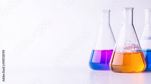 Three laboratory flasks contain colorful liquids: purple, blue, and orange, set against a clean white background.