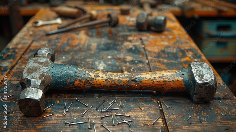 Close-up of a Hammer on a Wooden Workbench