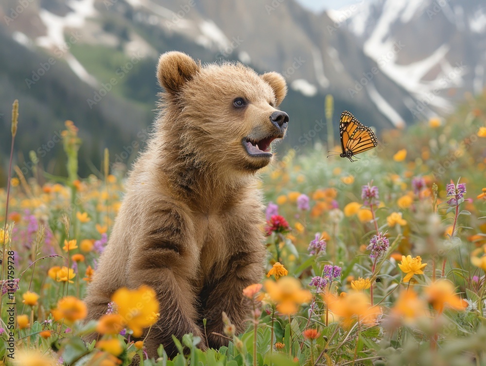 Curious Grizzly Cub Encountering a Butterfly in a Mountain Meadow Curious Grizzly Cub Encountering a Butterfly in a Mountain Meadow