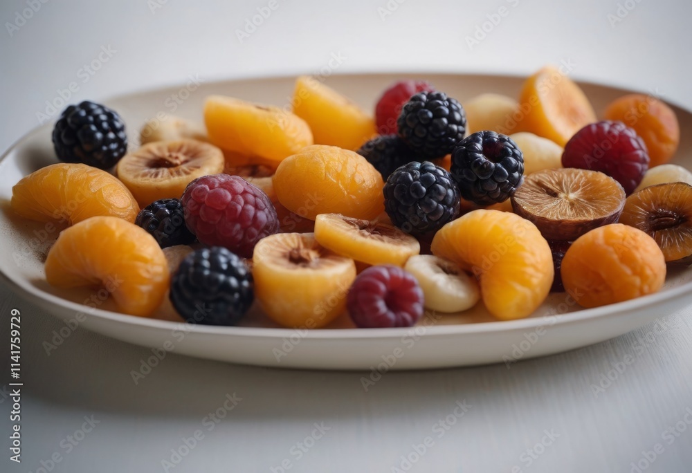 AI generated fruit mix in a plate on a white background. Berries and fruits. AI generated fruit mix in a plate on a white background. Berries and fruits.
