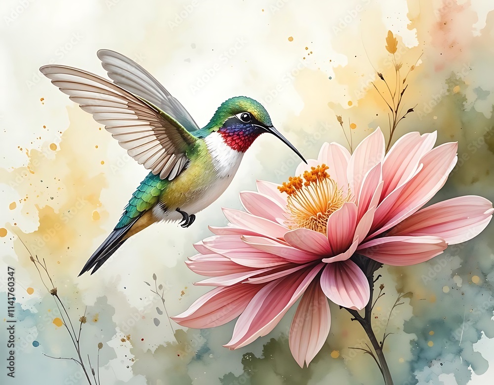 Obraz premium Watercolor A hummingbird hovering over a blooming flower