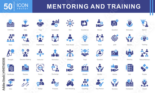 Mentoring and Training icon collection set. Containing development, learning, workshop, coach, mentor, curriculum, seminar icon.