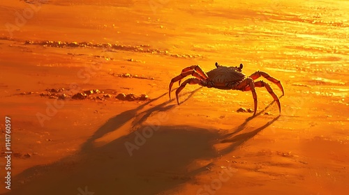 Crab on orange sand at sunset, casting a long shadow. photo